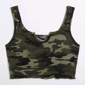 Notched Neck Lettuce Trim Camo Tank Top